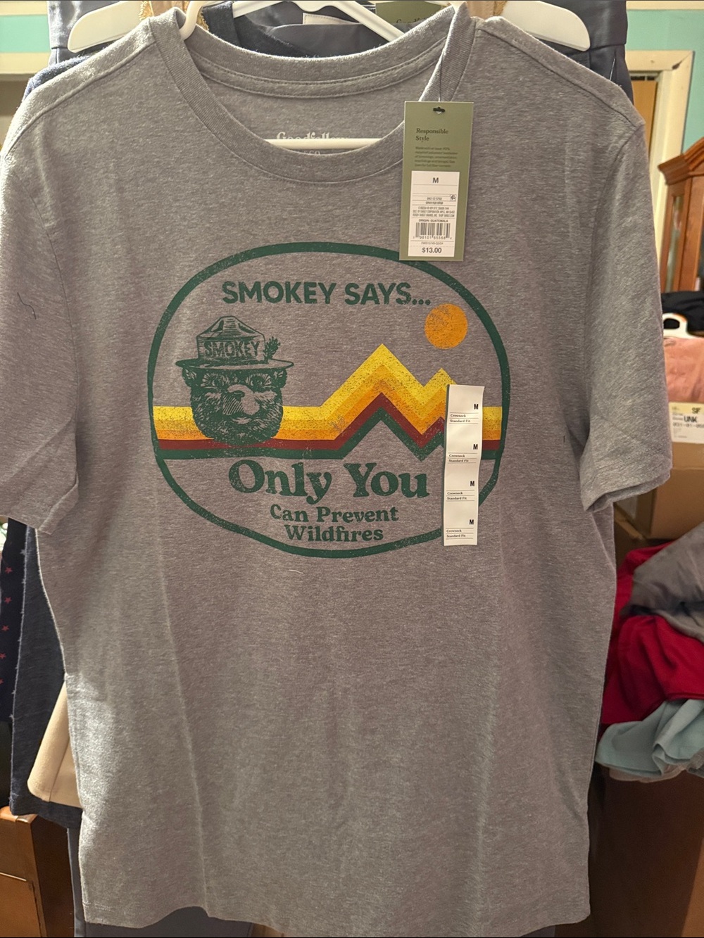 Goodfellow & Co Gray Smokey Bear Graphic Tee with Green, Yellow and Orange Print